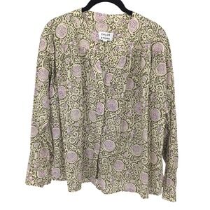 Chloe Stora Paris Derrick Top Womens EU 34 Green Cotton Floral Blouse Boho
